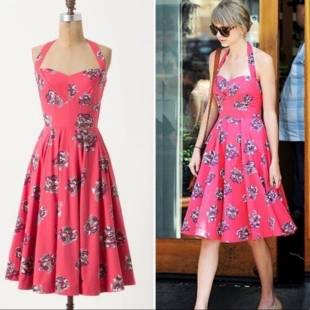 Anthropologie Pink Floral Midi Dress